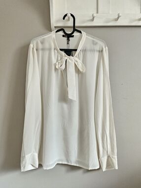 Maje 100% Silk White Blouse Bow Tie V-Neck Top Size Large T3 NWT Long Sleeve